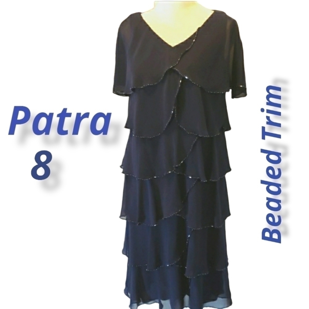PATRA Navy Layered & Beaded Cocktail Dress 8 EUC